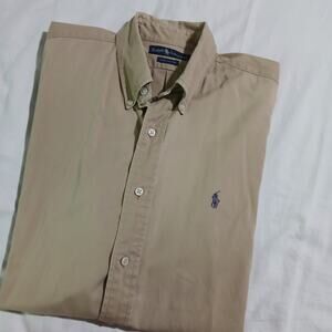 Ralph Lauren Men's Large Khaki short-sleeved button-up button-down cotton PONY